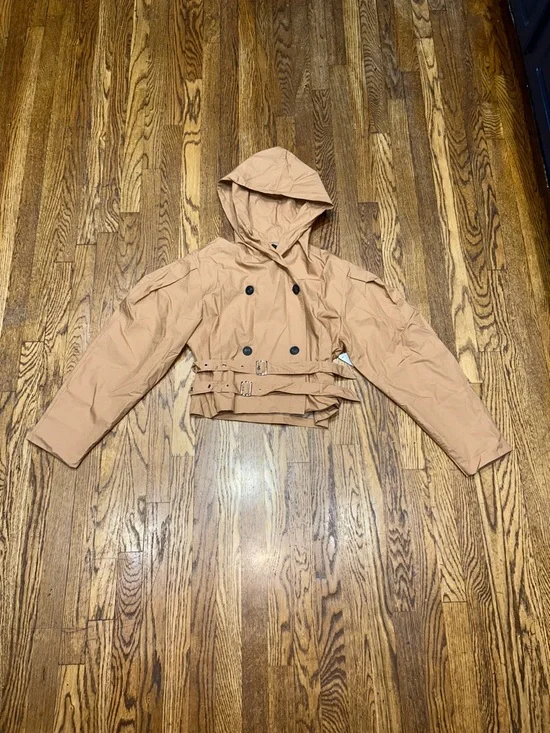 Cropped Double-Breasted Belted Trench Jacket with Hood- Camel - Picture 2 of 10